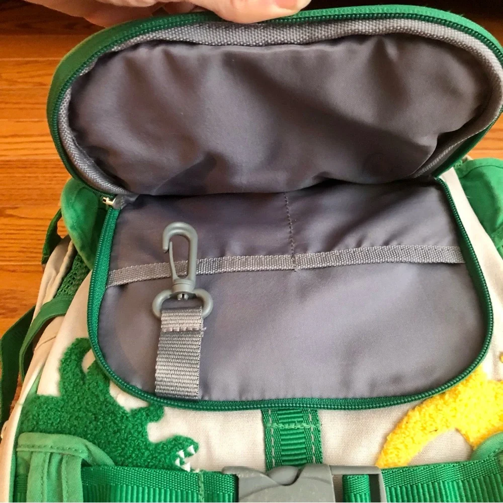 Pottery Barn Kids Gray and Green Mackenzie Chenille Dinosaur Appliqués Backpack